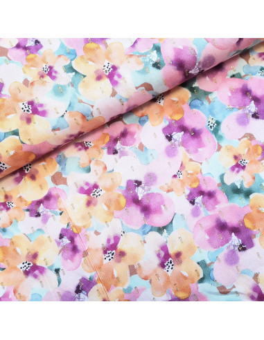 Tissu, Viscose Lurex Imprimée Fleuri, Multicolore Tons Roses, Laize 140 cm, 100% Viscose 174g/ml