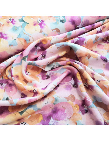 Tissu, Viscose Lurex Imprimée Fleuri, Multicolore Tons Roses, Laize 140 cm, 100% Viscose 174g/ml