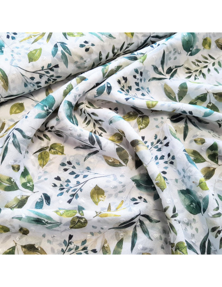 Plumetis viscose imprimé, feuilles vertes
