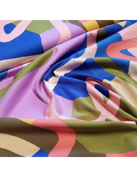 Tissu, Satin Viscose Stretch Imprimé "Natural Flow", Multicouleurs, Laize 140 cm, 97% Viscose 3% Élasthanne 154g/ml