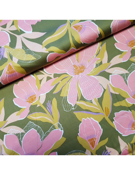 Tissu, Satin de Coton Imprimé Fleurs, Multicolore, Laize 150 cm, 100% Coton 172.5g/m²