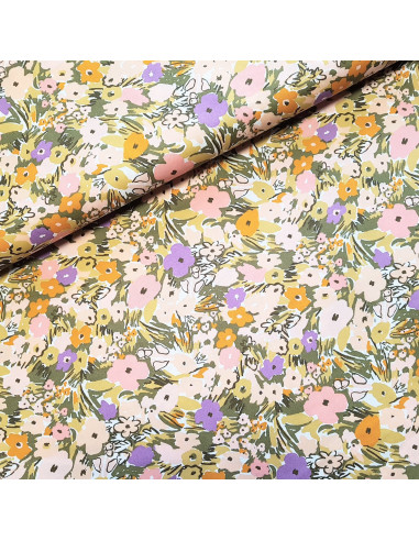 Tissu, Popeline de Coton Fleurie, Multicolore, Laize 150 cm, 100% Coton 112.5g/m²