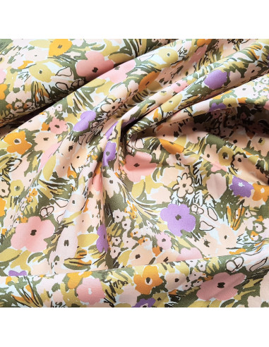Tissu, Popeline de Coton Fleurie, Multicolore, Laize 150 cm, 100% Coton 112.5g/m²
