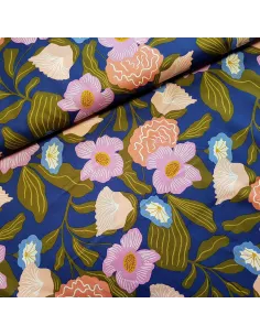 Tissu, Voile de Coton London Floral, Bleu, Laize 150 cm, 100% Coton 112.5g/m²