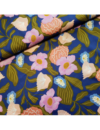 Tissu, Voile de Coton London Floral, Bleu, Laize 150 cm, 100% Coton 112.5g/m²
