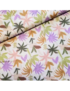 Tissu, Voile de Coton Impression Digitale, Feuilles de Palme Multicolores sur Blanc, Laize 150 cm, 100% Coton 112.5g/m²