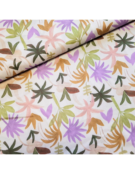 Tissu, Voile de Coton Impression Digitale, Feuilles de Palme Multicolores sur Blanc, Laize 150 cm, 100% Coton 112.5g/m²