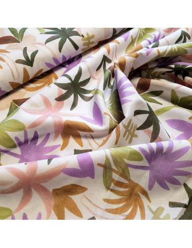 Tissu, Voile de Coton Impression Digitale, Feuilles de Palme Multicolores sur Blanc, Laize 150 cm, 100% Coton 112.5g/m²
