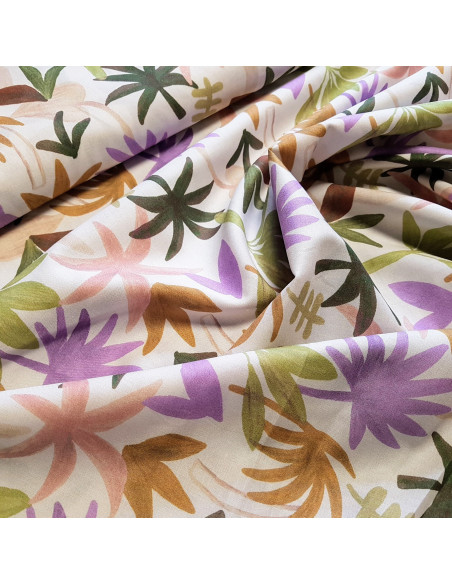 Tissu, Voile de Coton Impression Digitale, Feuilles de Palme Multicolores sur Blanc, Laize 150 cm, 100% Coton 112.5g/m²