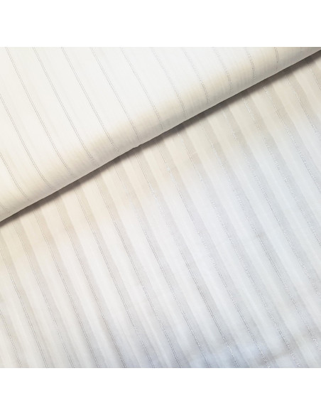 Tissu, Voile de Coton Lurex Rayé, Écru Argent, Laize 142 cm, 98% Coton 2% Lurex 115g/m²