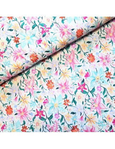 Tissu, Voile de Coton Brodé Fleuri, Rose, Laize 135 cm, 100% Coton 131g/m²