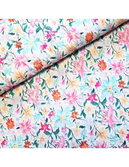 Tissu, Voile de Coton Brodé Fleuri, Rose, Laize 135 cm, 100% Coton 131g/m²