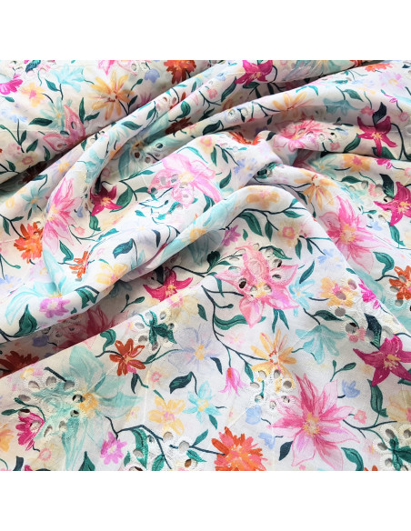 Tissu, Voile de Coton Brodé Fleuri, Rose, Laize 135 cm, 100% Coton 131g/m²