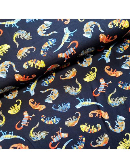 Tissu, Jersey de Coton Digital Caméléons, Marine Tropical, Laize 150 cm, Coton Stretch Oeko-Tex® Bio