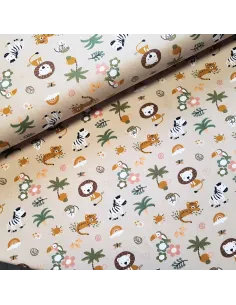 Tissu, Jersey de Coton Imprimé Petits Animaux, Thème Safari, Laize 150 cm, Coton Stretch Oeko-Tex Bio