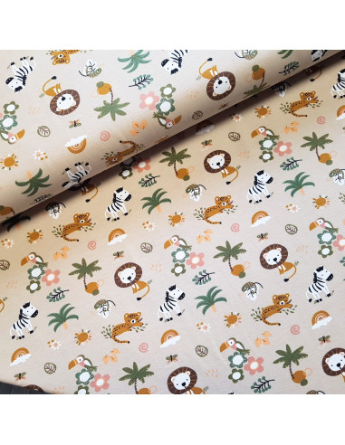 Tissu, Jersey de Coton Imprimé Petits Animaux, Thème Safari, Laize 150 cm, Coton Stretch Oeko-Tex Bio