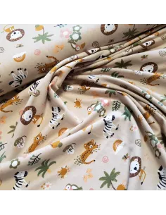 Tissu, Jersey de Coton Imprimé Petits Animaux, Thème Safari, Laize 150 cm, Coton Stretch Oeko-Tex Bio 2