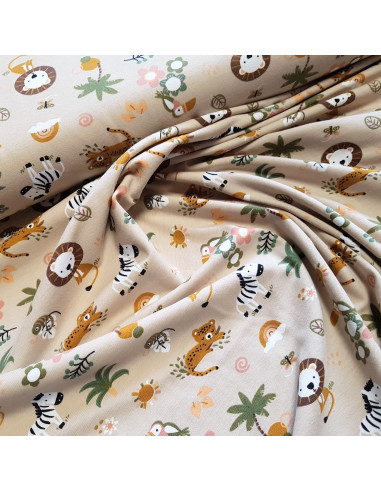 Tissu, Jersey de Coton Imprimé Petits Animaux, Thème Safari, Laize 150 cm, Coton Stretch Oeko-Tex Bio