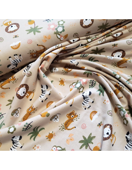 Tissu, Jersey de Coton Imprimé Petits Animaux, Thème Safari, Laize 150 cm, Coton Stretch Oeko-Tex Bio