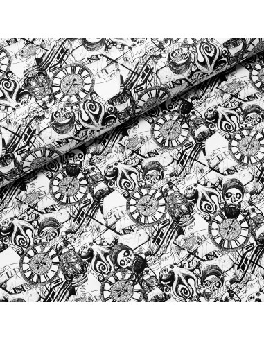 Tissu, Jersey de Coton Digital Imprimé Pirates, Thème Aventures Maritimes, Laize 150 cm, Coton Stretch Oeko-Tex