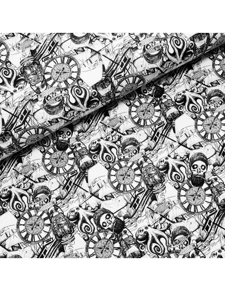 Tissu, Jersey de Coton Digital Imprimé Pirates, Thème Aventures Maritimes, Laize 150 cm, Coton Stretch Oeko-Tex