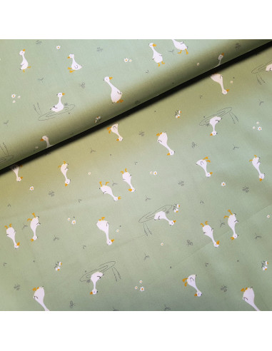 Tissu, Popeline de Coton, Oies Blanches sur Vert Clair, Laize 150 cm, 100% Coton 165g/ml