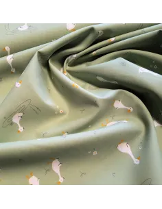 Tissu, Popeline de Coton, Oies Blanches sur Vert Clair, Laize 150 cm, 100% Coton 165g/ml 2