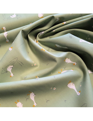 Tissu, Popeline de Coton, Oies Blanches sur Vert Clair, Laize 150 cm, 100% Coton 165g/ml