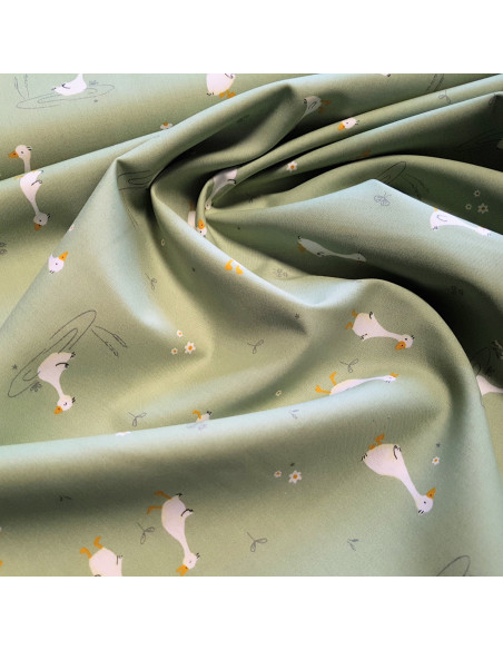 Tissu, Popeline de Coton, Oies Blanches sur Vert Clair, Laize 150 cm, 100% Coton 165g/ml