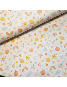 Tissu, Double Gaze Digitale Fruits, Blanc Cassé Multicolore, Laize 135 cm, 100% Coton 162g/m²