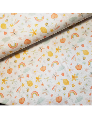 Tissu, Double Gaze Digitale Fruits, Blanc Cassé Multicolore, Laize 135 cm, 100% Coton 162g/m²