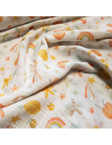 Tissu, Double Gaze Digitale Fruits, Blanc Cassé Multicolore, Laize 135 cm, 100% Coton 162g/m²