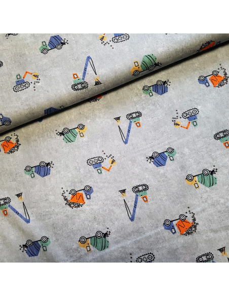 Popeline de coton, impression digitale, engins de chantier, gris