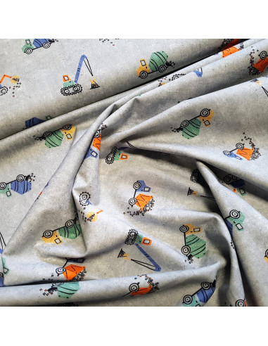 Popeline de coton, impression digitale, engins de chantier, gris
