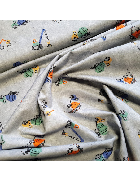 Popeline de coton, impression digitale, engins de chantier, gris
