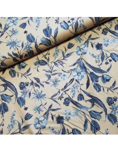 Tissu, Popeline de Coton Fleurie, Bleu et Taupe, Laize 150 cm, 100% Coton 161g/ml