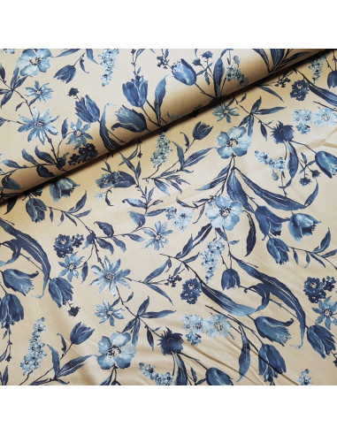 Tissu, Popeline de Coton Fleurie, Bleu et Taupe, Laize 150 cm, 100% Coton 161g/ml