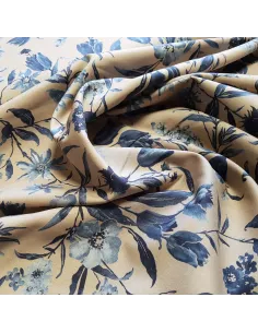 Tissu, Popeline de Coton Fleurie, Bleu et Taupe, Laize 150 cm, 100% Coton 161g/ml 2