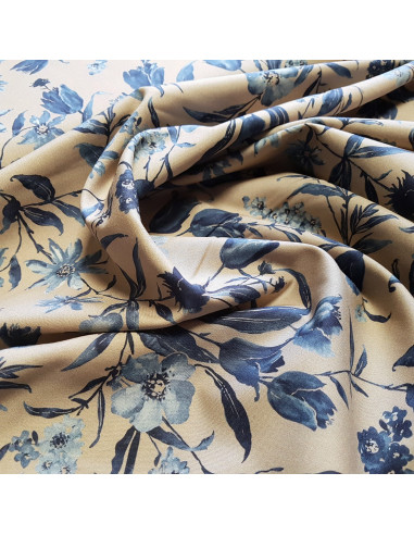 Tissu, Popeline de Coton Fleurie, Bleu et Taupe, Laize 150 cm, 100% Coton 161g/ml
