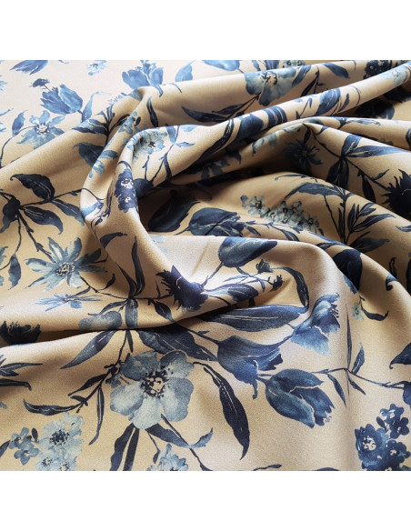 Tissu, Popeline de Coton Fleurie, Bleu et Taupe, Laize 150 cm, 100% Coton 161g/ml