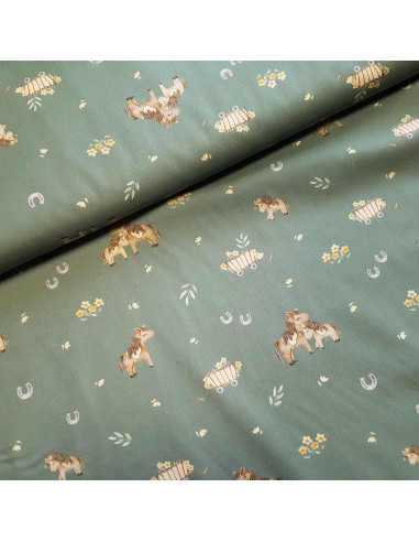 Tissu, Popeline de Coton, Petits Poneys Vert Sauge, Laize 150 cm, 100% Coton 150g/m²