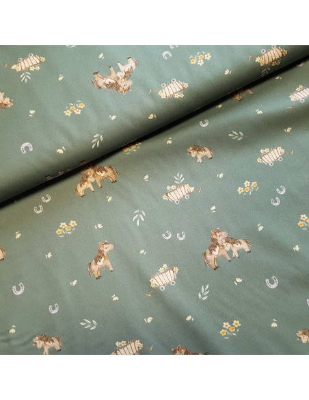 Tissu, Popeline de Coton, Petits Poneys Vert Sauge, Laize 150 cm, 100% Coton 150g/m²