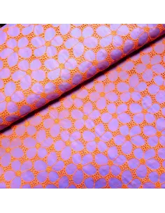 Tissu, Voile de Coton Brodé Floral, Mauve & Orange Vif, Laize 130 cm, 99% Coton 1% Polyester 127g/m²