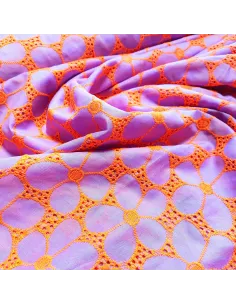 Tissu, Voile de Coton Brodé Floral, Mauve & Orange Vif, Laize 130 cm, 99% Coton 1% Polyester 127g/m² 2