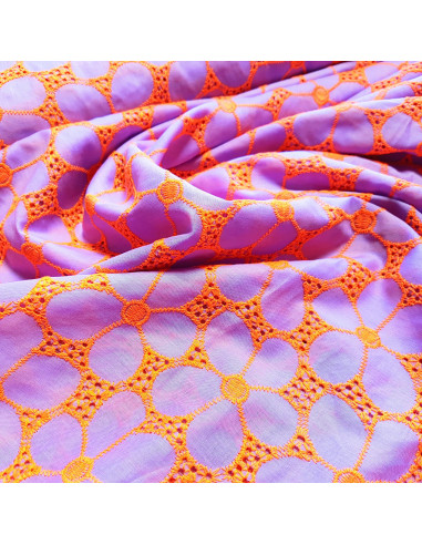 Tissu, Voile de Coton Brodé Floral, Mauve & Orange Vif, Laize 130 cm, 99% Coton 1% Polyester 127g/m²