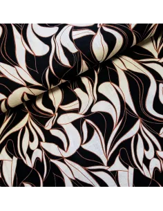Tissu, Lin Lavé Imprimé Feuilles Élégantes, Multicolore, Laize 140 cm, 100% Lin 336g/ml