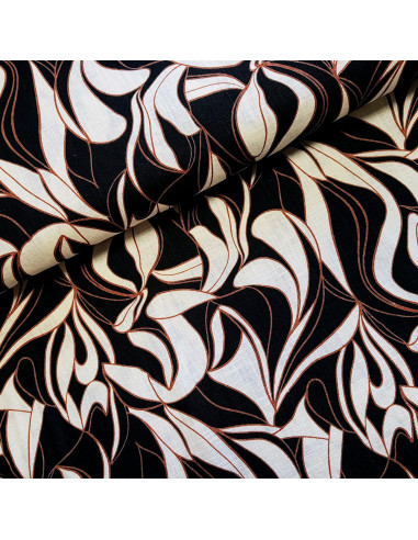Tissu, Lin Lavé Imprimé Feuilles Élégantes, Multicolore, Laize 140 cm, 100% Lin 336g/ml