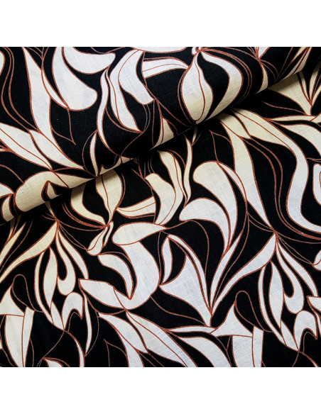 Tissu, Lin Lavé Imprimé Feuilles Élégantes, Multicolore, Laize 140 cm, 100% Lin 336g/ml