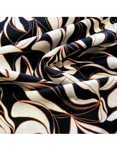 Tissu, Lin Lavé Imprimé Feuilles Élégantes, Multicolore, Laize 140 cm, 100% Lin 336g/ml