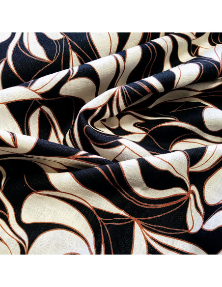 Tissu, Lin Lavé Imprimé Feuilles Élégantes, Multicolore, Laize 140 cm, 100% Lin 336g/ml
